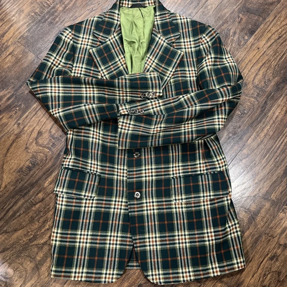 Vintage Cricketeer Blazer Sport Coat Mens 40R Green Orange Plaid Jacket 70s